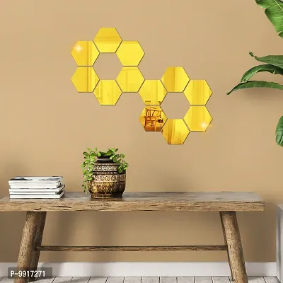 12 Hexagon Mirror Wall Stickers For Wall Size (10.5x12.1)Cm Acrylic Mirror For Wall Stickers for Bedroom  Bathroom  Kitchen  Living Room Decoration Items (Pack of 12) Gold