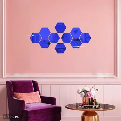 10 Hexagon Mirror Wall Stickers For Wall Size (10.5x12.1)Cm Acrylic Mirror For Wall Stickers for Bedroom  Bathroom  Kitchen  Living Room Decoration Items (Pack of 10) Blue