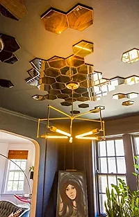 48 Hexagon Mirror Wall Stickers For Wall Size 10.5x12.1Cm Acrylic Mirror For Wall Stickers for Bedroom  Bathroom  Kitchen  Living Room Decoration Items Pack of -48 Gold-thumb2