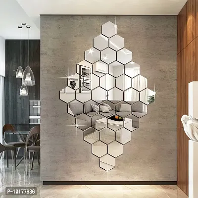 36 Hexagon Mirror Wall Stickers For Wall Size 10.5x12.1Cm Acrylic Mirror For Wall Stickers for Bedroom  Bathroom  Kitchen  Living Room Decoration Items Pack of -36 Silver-thumb3