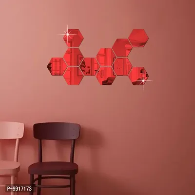 11 Hexagon Mirror Wall Stickers For Wall Size (10.5x12.1)Cm Acrylic Mirror For Wall Stickers for Bedroom  Bathroom  Kitchen  Living Room Decoration Items (Pack of 11) Red