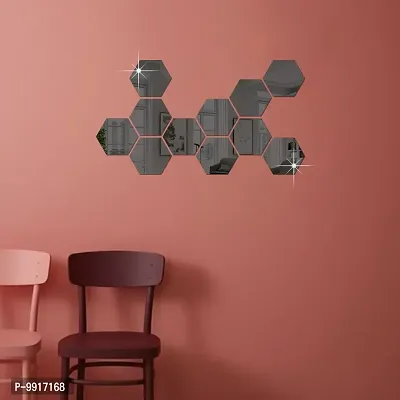 11 Hexagon Mirror Wall Stickers For Wall Size (10.5x12.1)Cm Acrylic Mirror For Wall Stickers for Bedroom  Bathroom  Kitchen  Living Room Decoration Items (Pack of 11) Black-thumb0