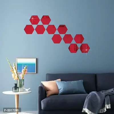 11 Hexagon Mirror Wall Stickers For Wall Size (10.5x12.1)Cm Acrylic Mirror For Wall Stickers for Bedroom  Bathroom  Kitchen  Living Room Decoration Items (Pack of 11) Red