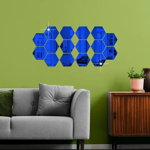 16 Hexagon Mirror Wall Stickers For Wall Size  10.5x12.1 Cm Acrylic Mirror For Wall Stickers for Bedroom  Bathroom  Kitchen  Living Room Decoration Items  Pack of  16  Blue