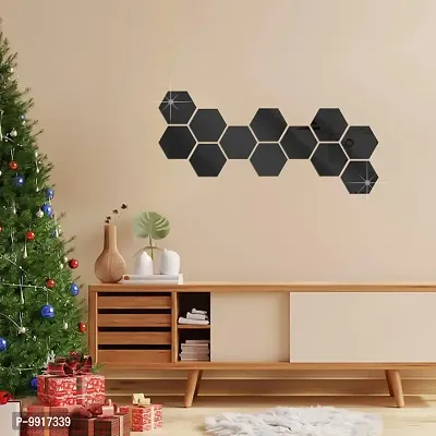 12 Hexagon Mirror Wall Stickers For Wall Size (10.5x12.1)Cm Acrylic Mirror For Wall Stickers for Bedroom  Bathroom  Kitchen  Living Room Decoration Items (Pack of 12) Black