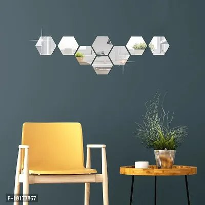 8 Hexagon Mirror Wall Stickers For Wall Size 10.5x12.1Cm Acrylic Mirror For Wall Stickers for Bedroom  Bathroom  Kitchen  Living Room Decoration Items Pack of -8 Silver-thumb3