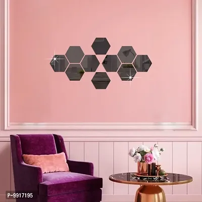 10 Hexagon Mirror Wall Stickers For Wall Size (10.5x12.1)Cm Acrylic Mirror For Wall Stickers for Bedroom  Bathroom  Kitchen  Living Room Decoration Items (Pack of 10) Black