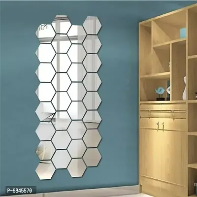 32 Hexagon Mirror Wall Stickers For Wall Size  10.5x12.1 Cm Acrylic Mirror For Wall Stickers for Bedroom  Bathroom  Kitchen  Living Room Decoration Items  Pack of  32  Silver-thumb0