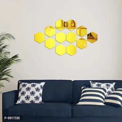 12 Hexagon Mirror Wall Stickers For Wall Size (10.5x12.1)Cm Acrylic Mirror For Wall Stickers for Bedroom  Bathroom  Kitchen  Living Room Decoration Items (Pack of 12) Gold-thumb0