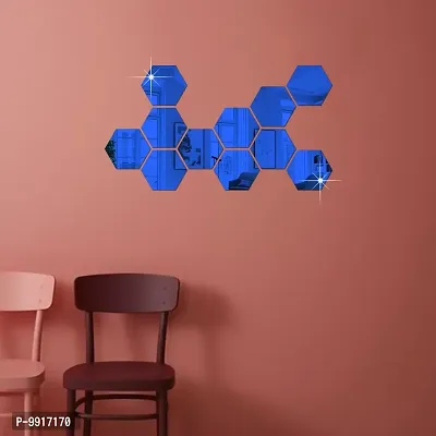 11 Hexagon Mirror Wall Stickers For Wall Size (10.5x12.1)Cm Acrylic Mirror For Wall Stickers for Bedroom  Bathroom  Kitchen  Living Room Decoration Items (Pack of 11) Blue