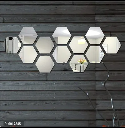 12 Hexagon Mirror Wall Stickers For Wall Size (10.5x12.1)Cm Acrylic Mirror For Wall Stickers for Bedroom  Bathroom  Kitchen  Living Room Decoration Items (Pack of 12) Silver