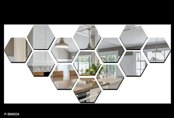 13 Hexagon Mirror Wall Stickers For Wall Size  10.5x12.1 Cm Acrylic Mirror For Wall Stickers for Bedroom  Bathroom  Kitchen  Living Room Decoration Items  Pack of  13  Silver-thumb0