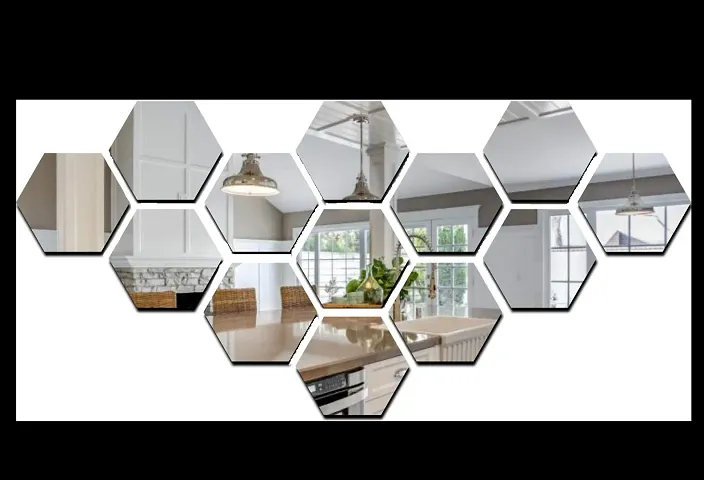 13 Hexagon Mirror Wall Stickers For Wall Size  10.5x12.1 Cm Acrylic Mirror For Wall Stickers for Bedroom  Bathroom  Kitchen  Living Room Decoration Items  Pack of  13  Silver