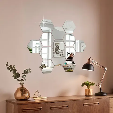 13 Hexagon Mirror Wall Stickers For Wall Size  10.5x12.1 Cm Acrylic Mirror For Wall Stickers for Bedroom  Bathroom  Kitchen  Living Room Decoration Items  Pack of  13  Silver