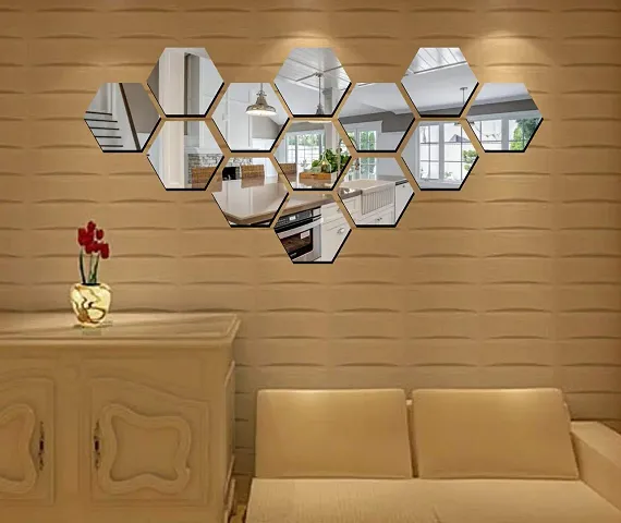 13 Hexagon Mirror Wall Stickers For Wall Size  10.5x12.1 Cm Acrylic Mirror For Wall Stickers for Bedroom  Bathroom  Kitchen  Living Room Decoration Items  Pack of  13  Silver