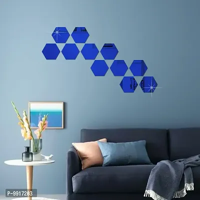 11 Hexagon Mirror Wall Stickers For Wall Size (10.5x12.1)Cm Acrylic Mirror For Wall Stickers for Bedroom  Bathroom  Kitchen  Living Room Decoration Items (Pack of 11) Blue