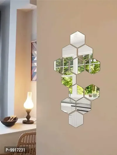 12 Hexagon Mirror Wall Stickers For Wall Size (10.5x12.1)Cm Acrylic Mirror For Wall Stickers for Bedroom  Bathroom  Kitchen  Living Room Decoration Items (Pack of 12) Silver