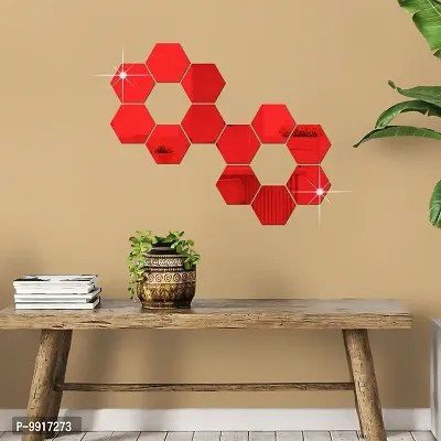 12 Hexagon Mirror Wall Stickers For Wall Size (10.5x12.1)Cm Acrylic Mirror For Wall Stickers for Bedroom  Bathroom  Kitchen  Living Room Decoration Items (Pack of 12) Red