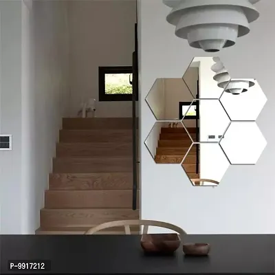 7 Hexagon Mirror Wall Stickers For Wall Size (10.5x12.1)Cm Acrylic Mirror For Wall Stickers for Bedroom  Bathroom  Kitchen  Living Room Decoration Items (Pack of 7) Silver-thumb0