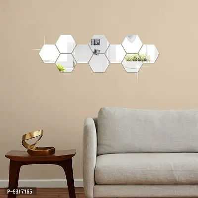 10 Hexagon Mirror Wall Stickers For Wall Size (10.5x12.1)Cm Acrylic Mirror For Wall Stickers for Bedroom  Bathroom  Kitchen  Living Room Decoration Items (Pack of 10) Silver-thumb0