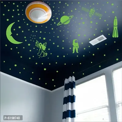 Vinyl Fluorescent Night Glow In The Dark Star Space Wall Sticker Pack Of 134 Stars Big And Small Green 12-thumb3