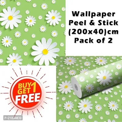 Wallpaper For Bedroom Wall and Wallpaper for Drawing Room Green White Flower Design Wallpaper Pack of 2 Wallpapers | Self Adhesive Wallpaper Just Peel and Stick Wall Sticker.-thumb0