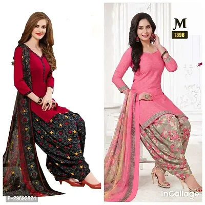 Elegant Multicoloured Crepe Printed Dress Material with Dupatta For Women Pack Of 2-thumb0