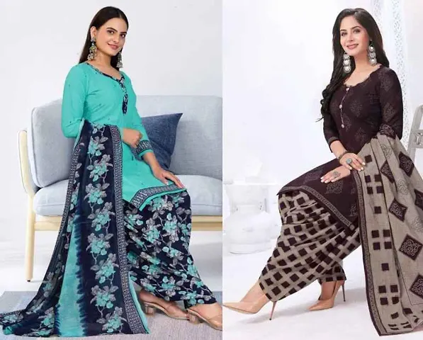 Stylish Crepe Printed Dress Material with Dupatta - Pack Of 2