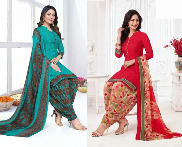 Stylish Crepe Printed Dress Material with Dupatta - Pack Of 2