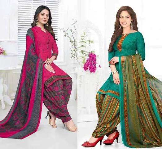 Stylish Crepe Printed Dress Material with Dupatta - Pack Of 2