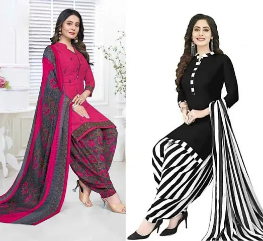 Stylish Crepe Printed Dress Material with Dupatta - Pack Of 2