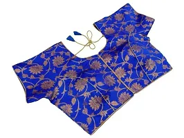 Women's Front Open Silk Based Brocade Fabric Blouse with Short Sleeve and Round Neck.(STSN08) (R Blue)-thumb2