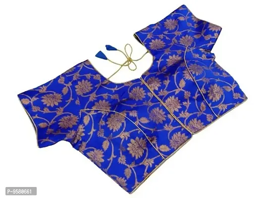 Women's Front Open Silk Based Brocade Fabric Blouse with Short Sleeve and Round Neck.(STSN08) (R Blue)-thumb3