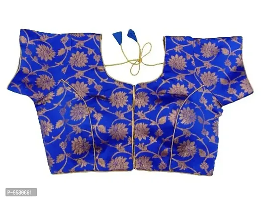 Women's Front Open Silk Based Brocade Fabric Blouse with Short Sleeve and Round Neck.(STSN08) (R Blue)-thumb0