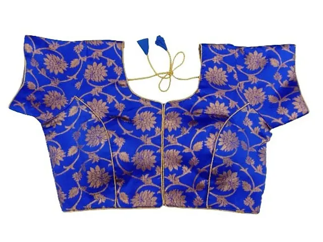 Women's Front Open Silk Based Brocade Fabric Blouse with Short Sleeve and Round Neck.(STSN08) (R Blue)