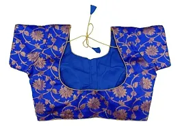 Women's Front Open Silk Based Brocade Fabric Blouse with Short Sleeve and Round Neck.(STSN08) (R Blue)-thumb1