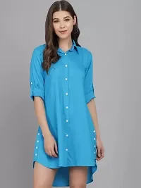 AONE Clothing Women's Regular Fit Self Design Button Down Collar Neck Casual Long Shirts for Ladies  Girls (Aqua BlueL)-thumb1