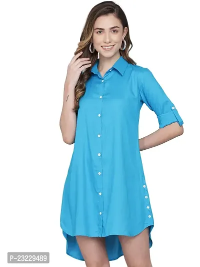 AONE Clothing Women's Regular Fit Self Design Button Down Collar Neck Casual Long Shirts for Ladies  Girls (X-Large, Aqua Blue)
