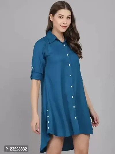 AONE Clothing Women's Regular Fit Self Design Button Down Collar Neck Casual Long Shirts for Ladies  Girls (Sea Blues)-thumb2