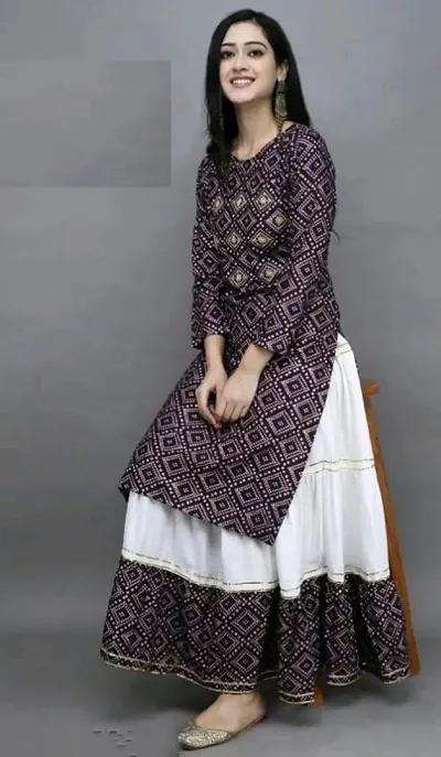 Women Bandhani Print Rayon Straight Kurti With Skirt