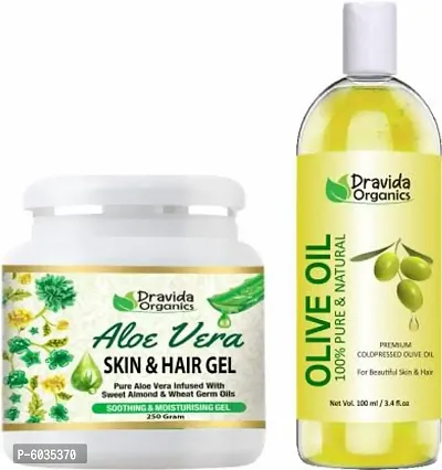Dravida Organics Aloe Vera Gel Raw (250 Gram) and Olive oil (100ml) - Ideal for Skin and Hair Treatment, Dark Circles, Face  (2 Items in the set)