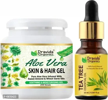 Dravida Organics Aloe Vera Gel Raw (250GM) and Tea Tree oil (15ml) Ideal for Scalp, Acne Scars, Skin and Hair Treatment  (2 Items in the set)