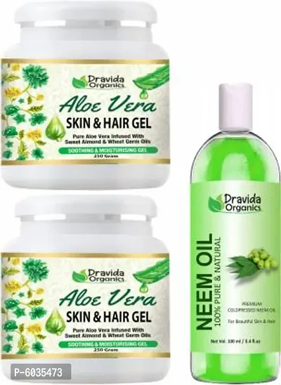 Dravida Organics Aloe Vera Gel Raw (500 Gram) and Neem Oil (100ml) - Ideal for Skin Treatment, Acne Scars, Face, Dry Skin  (2 Items in the set)-thumb0