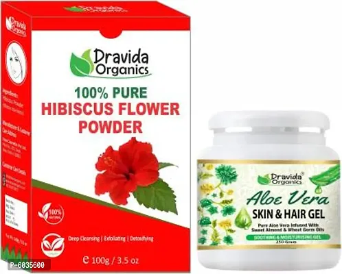Dravida Organics Aloe Vera Gel Raw (250GM) and Hibiscus Powder (100GM) Ideal for Scalp, Acne Scars, Skin and Hair Treatment  (2 Items in the set)