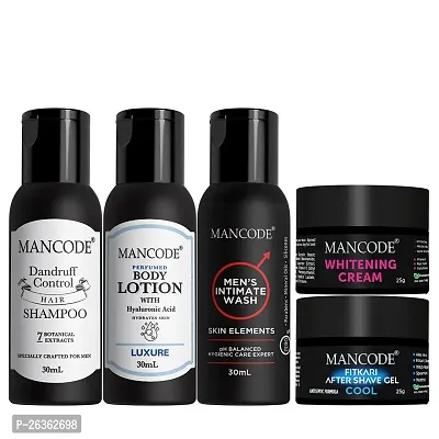 Mancode Men's Grooming Essential Travel Kit- Anti Dandruff Shampoo 30ml, Body Lotion Luxure 30ml, Intimate Wash 30ml, Fitkari After Shaving Cool Gel 25gm  Whitening Cream 25gm ( Combo Set in 5)