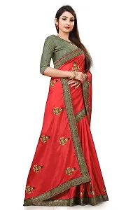 TEREZA Women's Saree Vichitra Silk Materials with Embroidery Chain Work Lace Border sari For Girls |Unstitched Blouse (Red)-thumb4