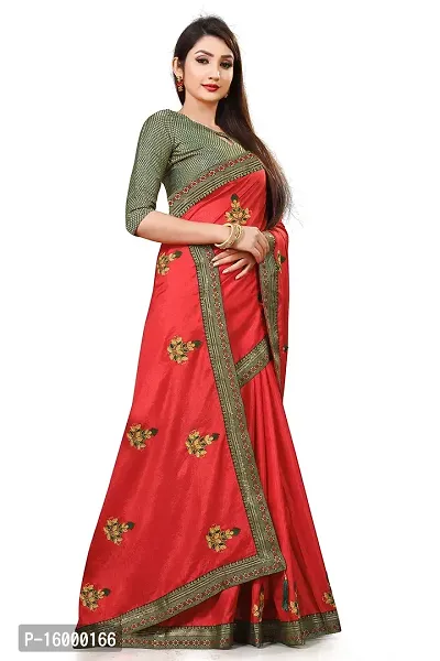 TEREZA Women's Saree Vichitra Silk Materials with Embroidery Chain Work Lace Border sari For Girls |Unstitched Blouse (Red)-thumb5