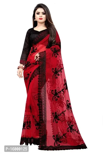 Tereza Women's  Girl's Woven Net Saree With Blouse Piece (Maroon)