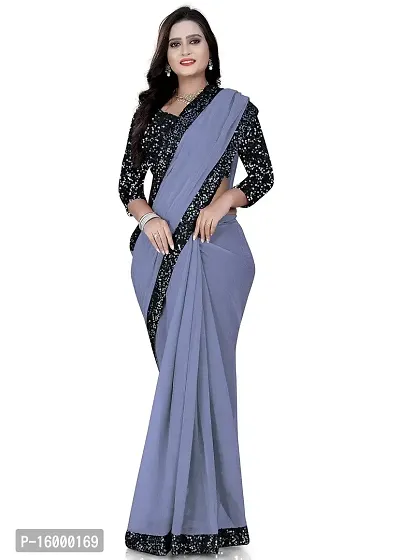 TEREZA Women's Saree Shimmer Lycra Materials with Sequince Lace Work Lace Border sari For Girls |Unstitched Blouse (Light Blue)