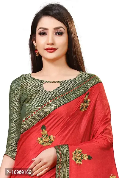 TEREZA Women's Saree Vichitra Silk Materials with Embroidery Chain Work Lace Border sari For Girls |Unstitched Blouse (Red)-thumb3